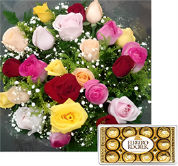 Bouquet 24 rosas coloridas + Ferrero Rocher 12 unidades
